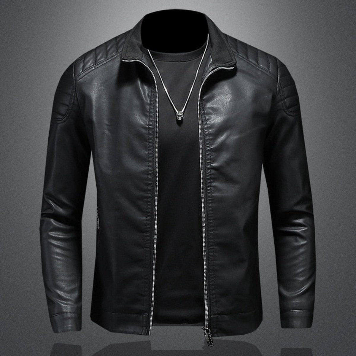 Black faux leather zip-up bomber jacket with stand collar and quilted shoulders