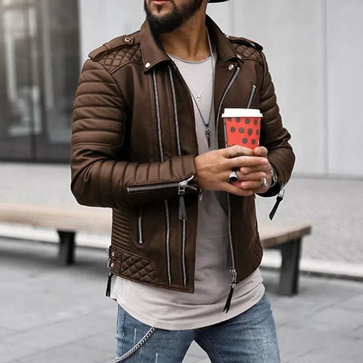 Brown quilted-shoulder faux leather biker jacket with silver zip detailing and stand collar