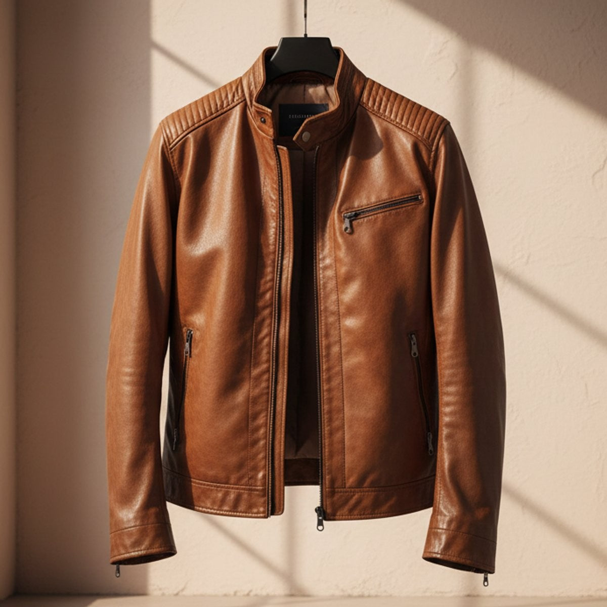 Tan leather biker jacket with quilted shoulders and stand collar, hung on display