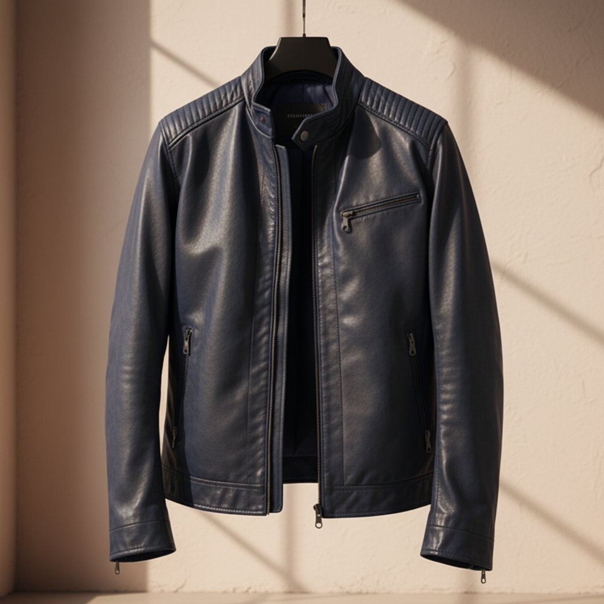 Navy leather biker jacket featuring zip pockets and ribbed shoulder detailing