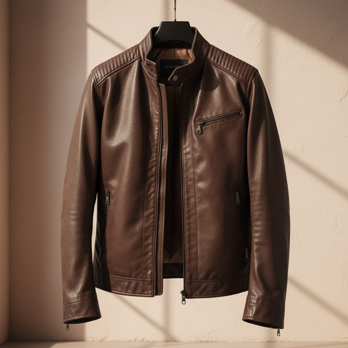 Brown leather biker jacket with tailored fit and stand-up collar, on hanger