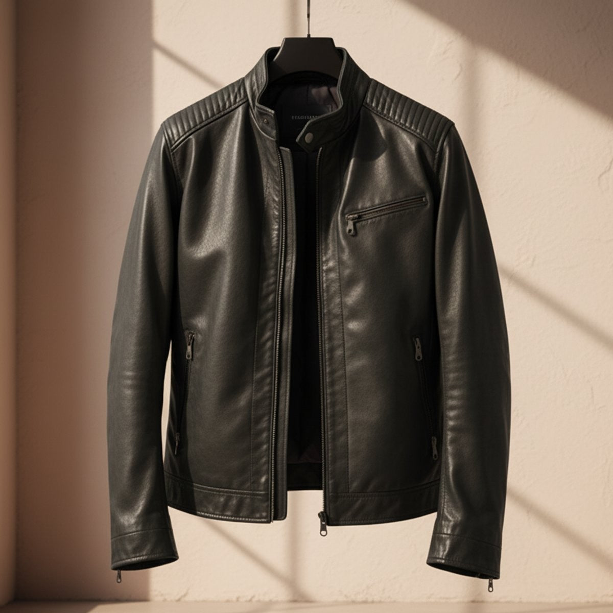Dark green leather biker jacket showing quilted panels and zipped chest pocket
