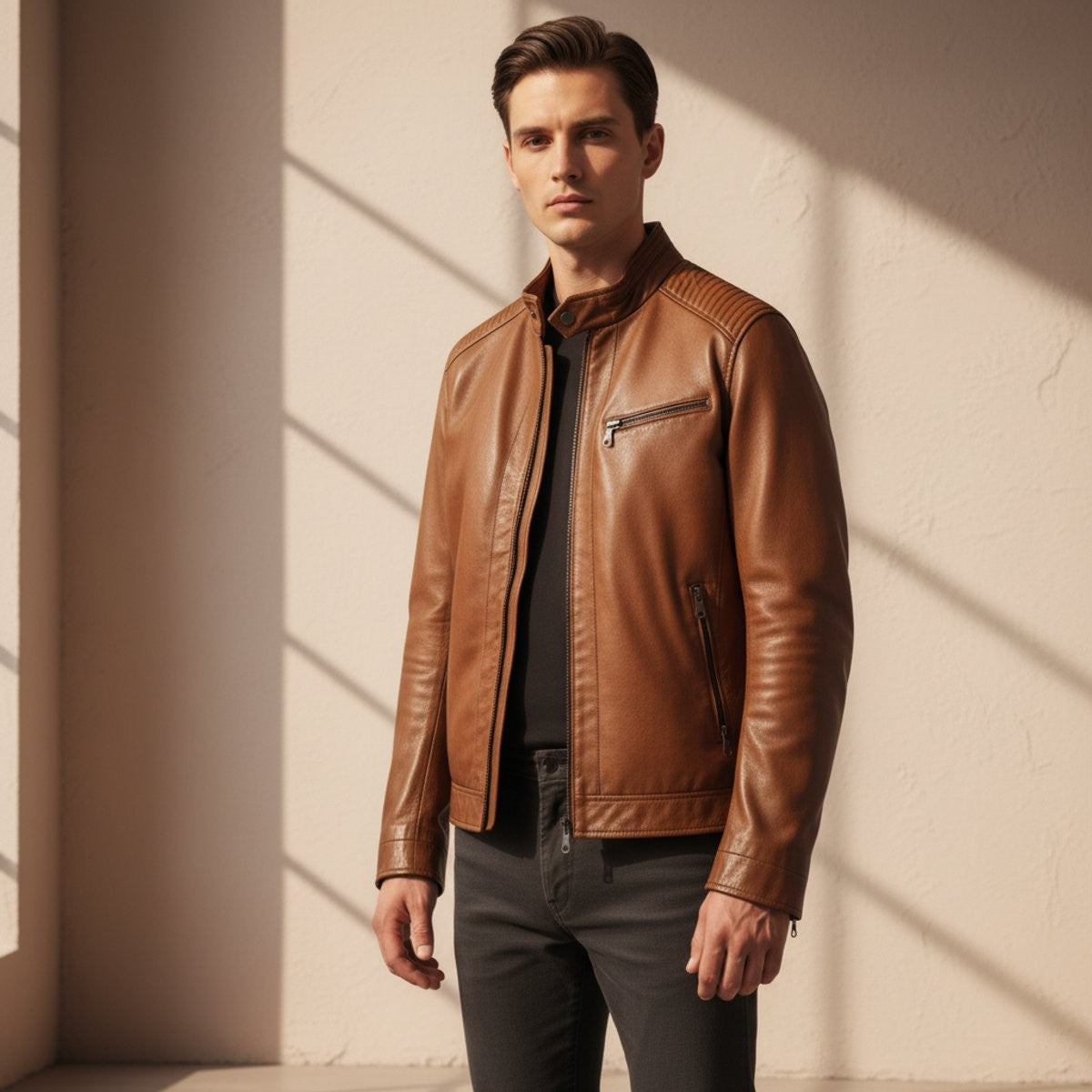 Man wearing tan leather biker jacket over black jumper with grey trousers