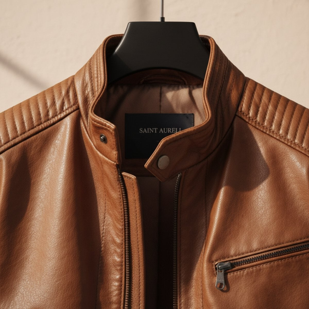 Close-up of tan leather jacket collar showing Saint Aurell branded neck label