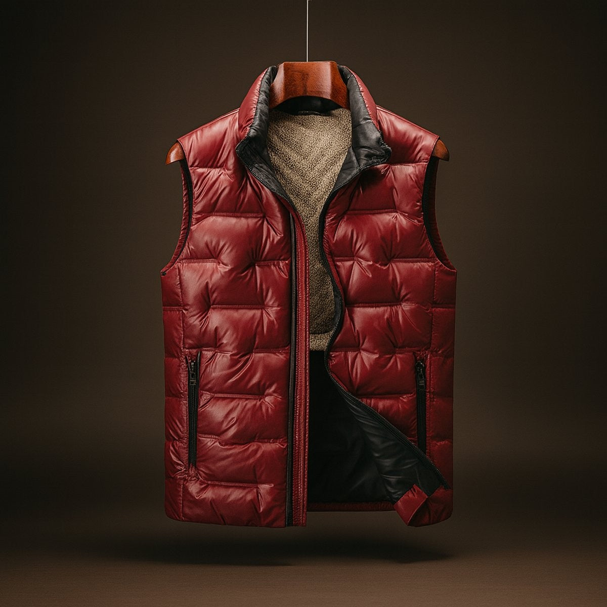 Red quilted duck down gilet with stand collar and fleece lining, unzipped