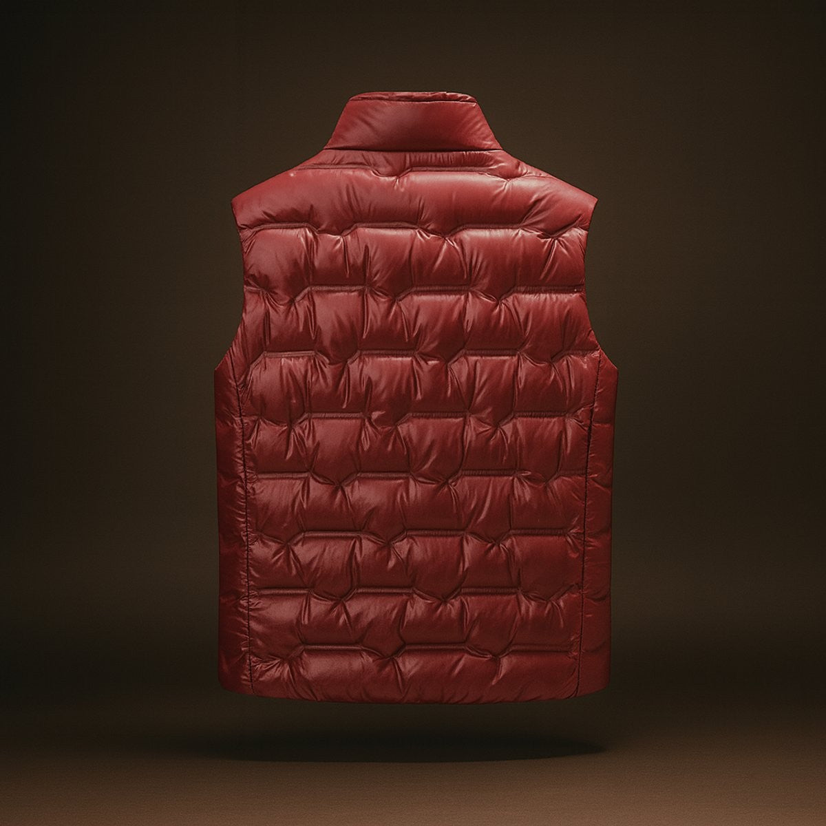 Red quilted insulated gilet vest shown from the back with padded panels