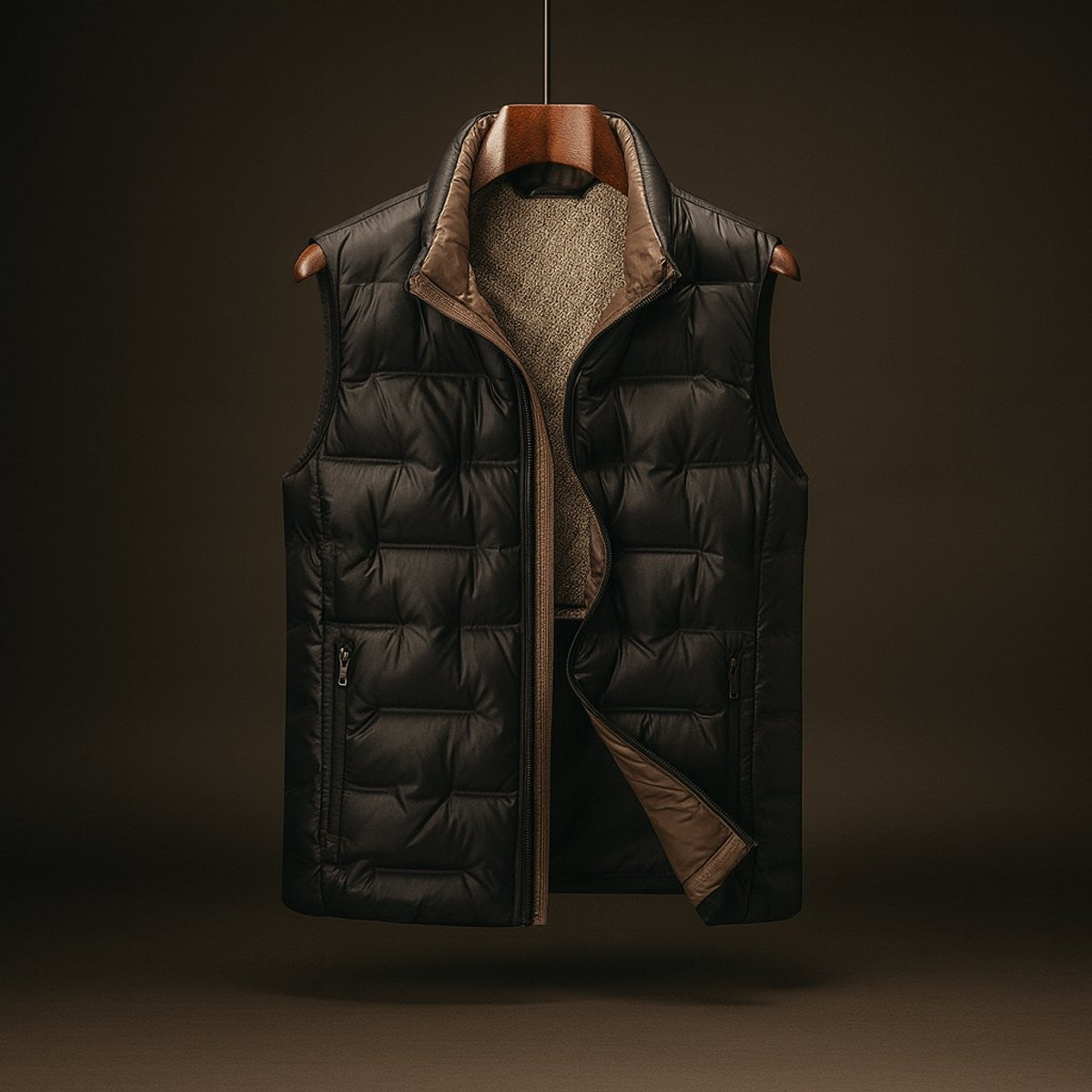 Black quilted duck down gilet with fleece lining and stand collar, unzipped