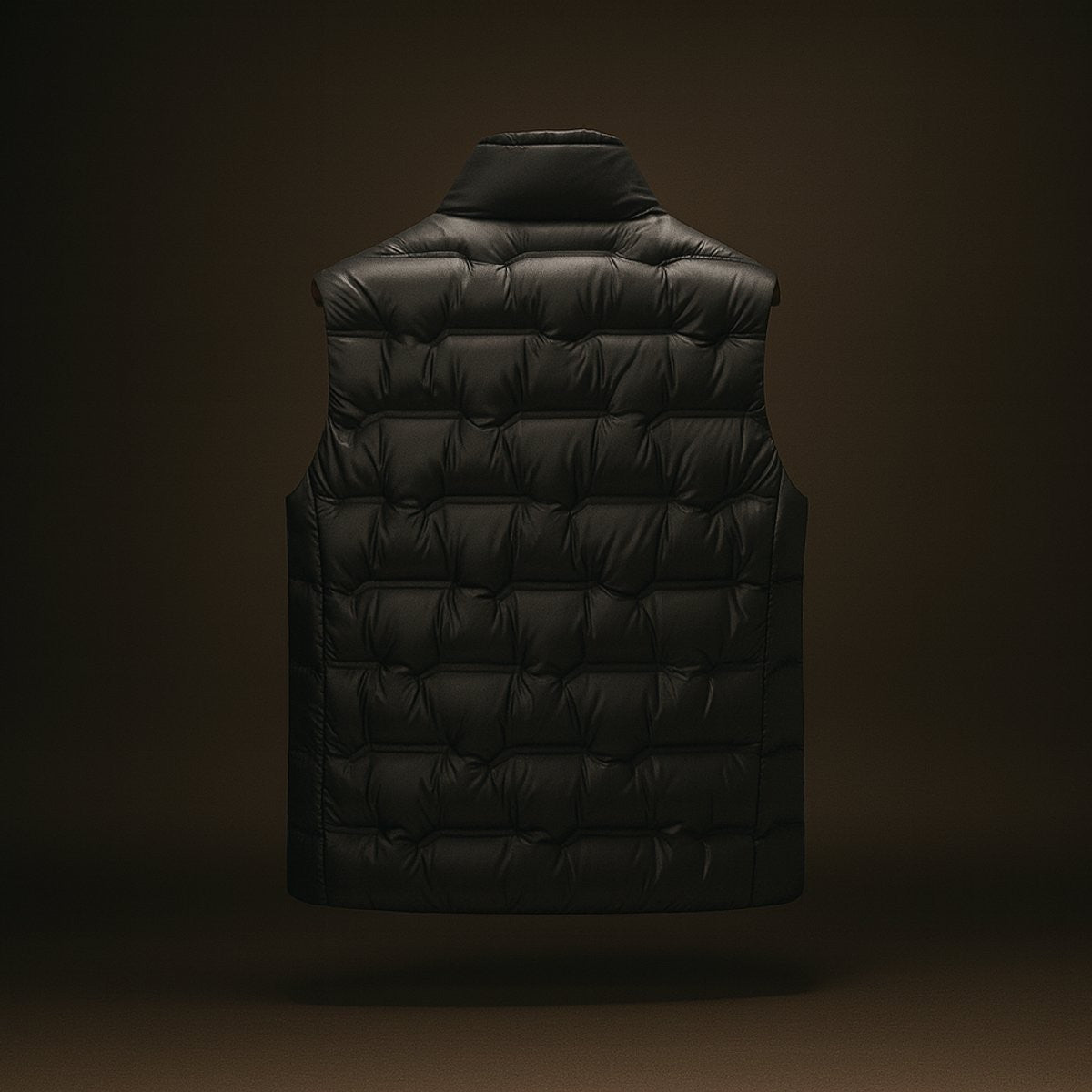 Black quilted insulated gilet vest shown from the back with padded panels