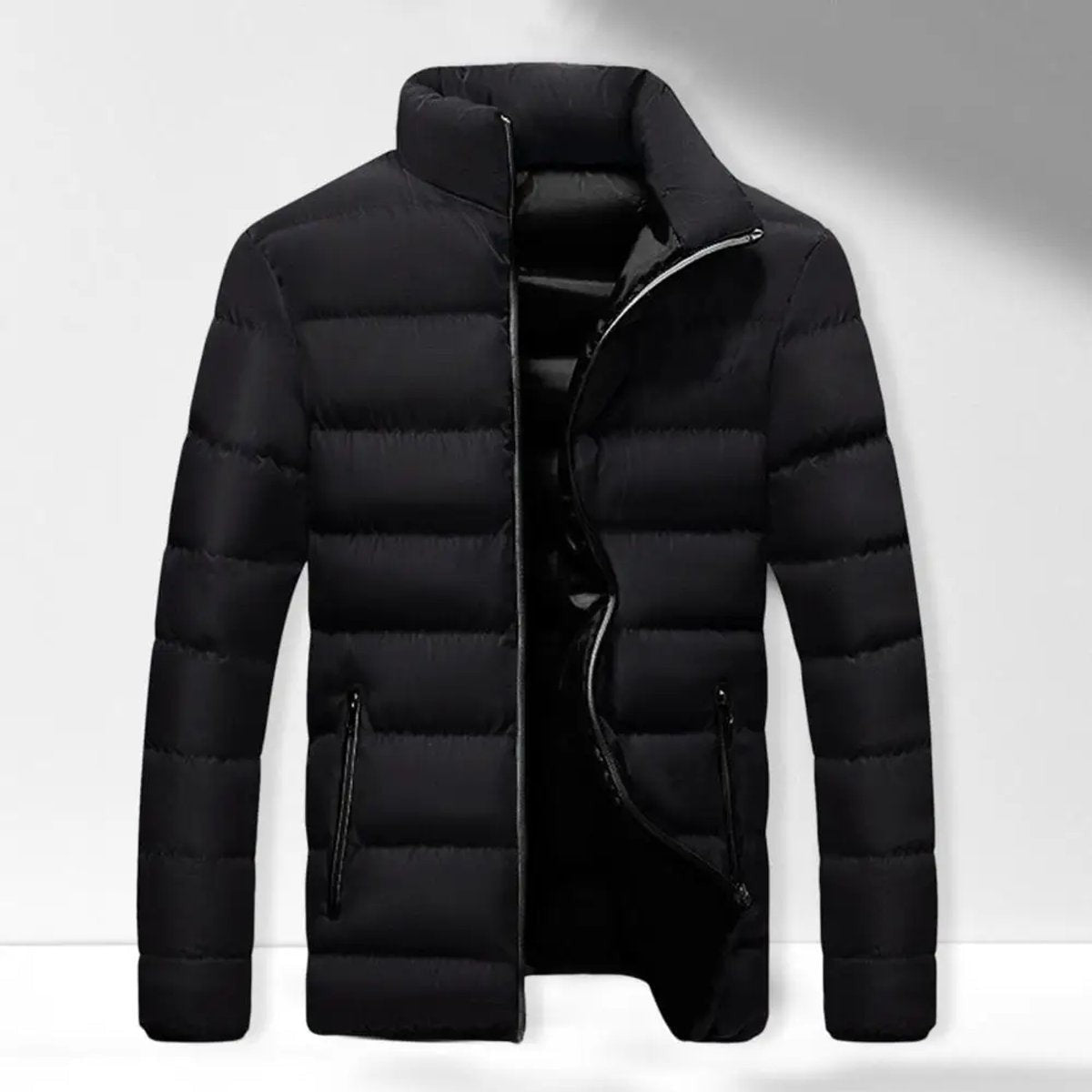 Black quilted puffer jacket with stand collar, front view