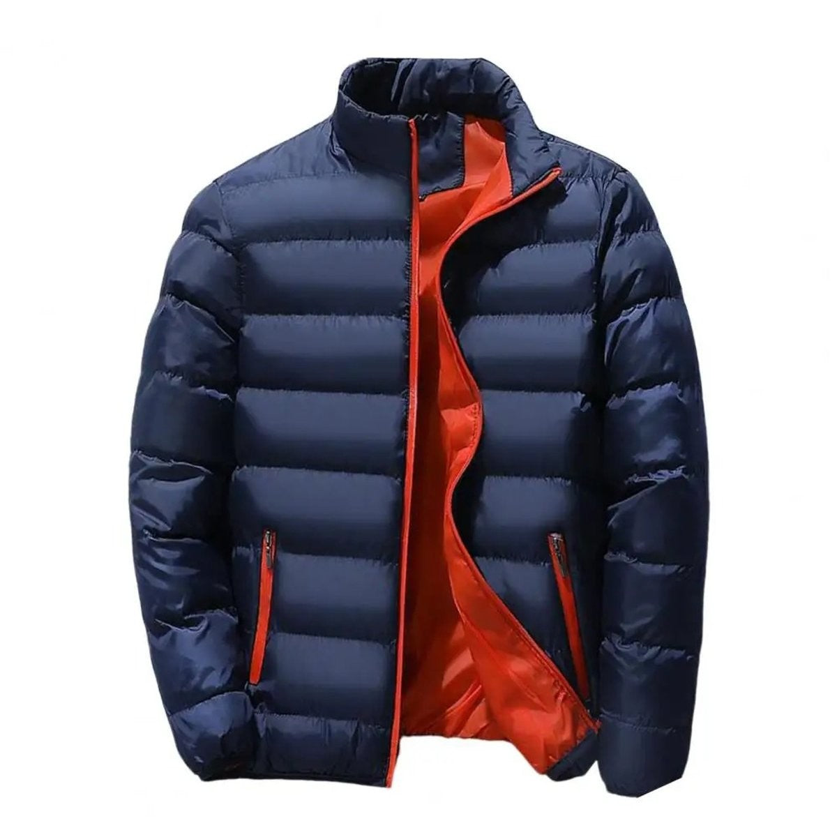 Navy quilted puffer jacket with contrasting orange zip lining