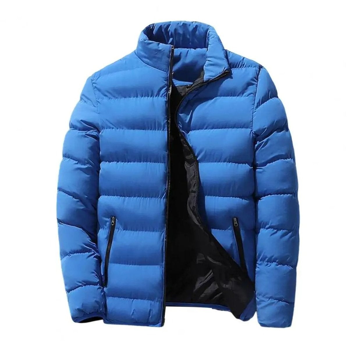Bright blue puffer jacket with stand collar and zip pockets