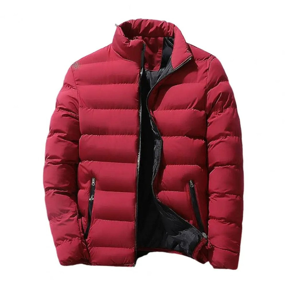Burgundy quilted puffer jacket with stand-up collar