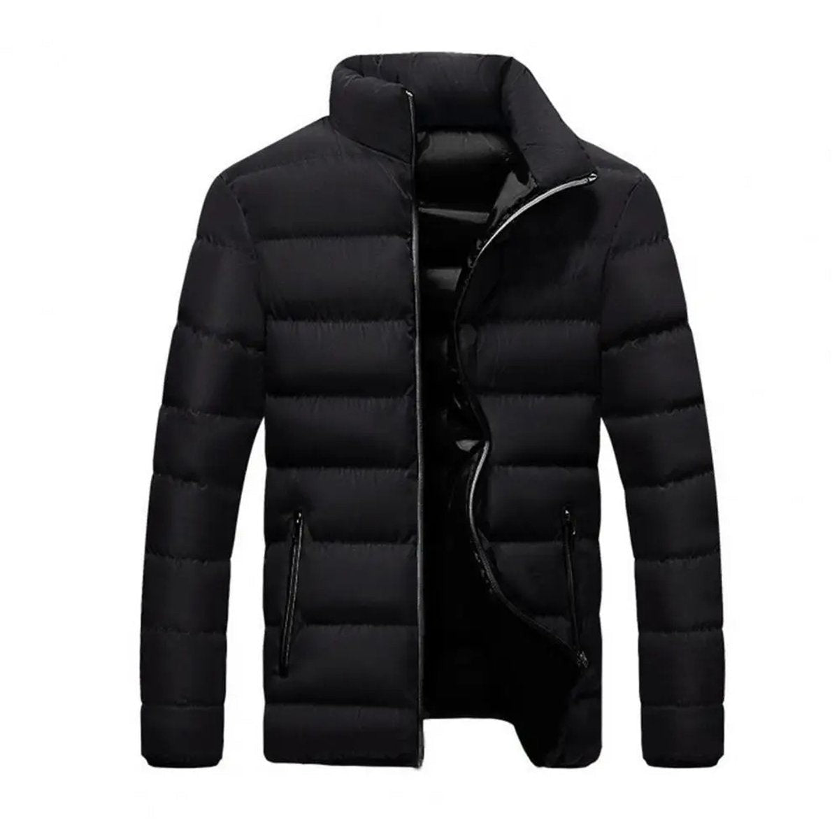 Black puffer jacket with sleek quilted panels and zip pockets