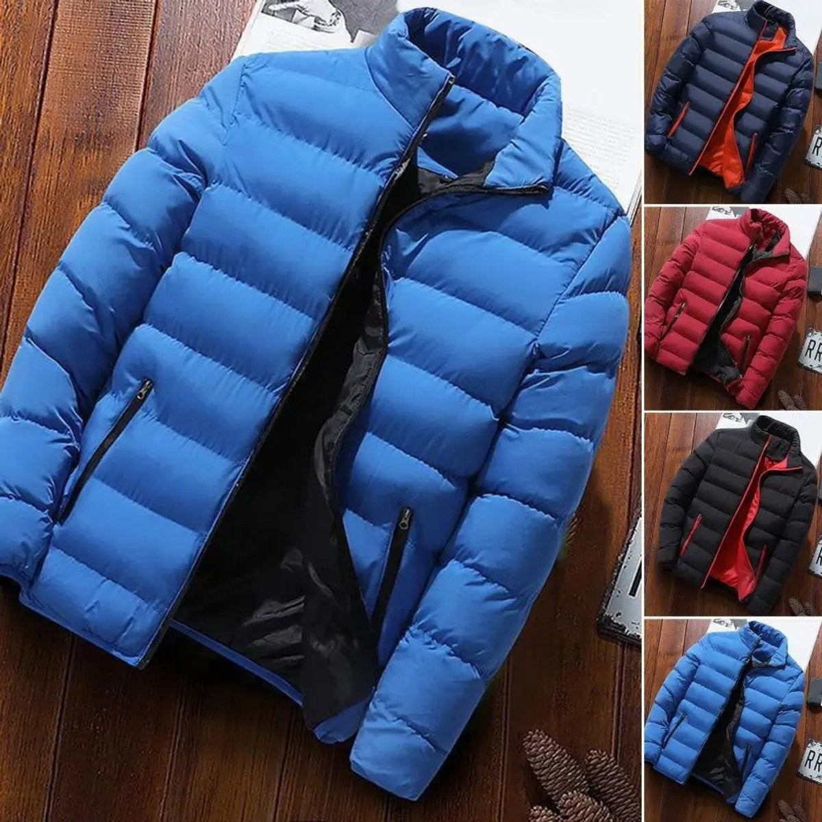 Colour range of quilted puffer jackets in blue, red and black