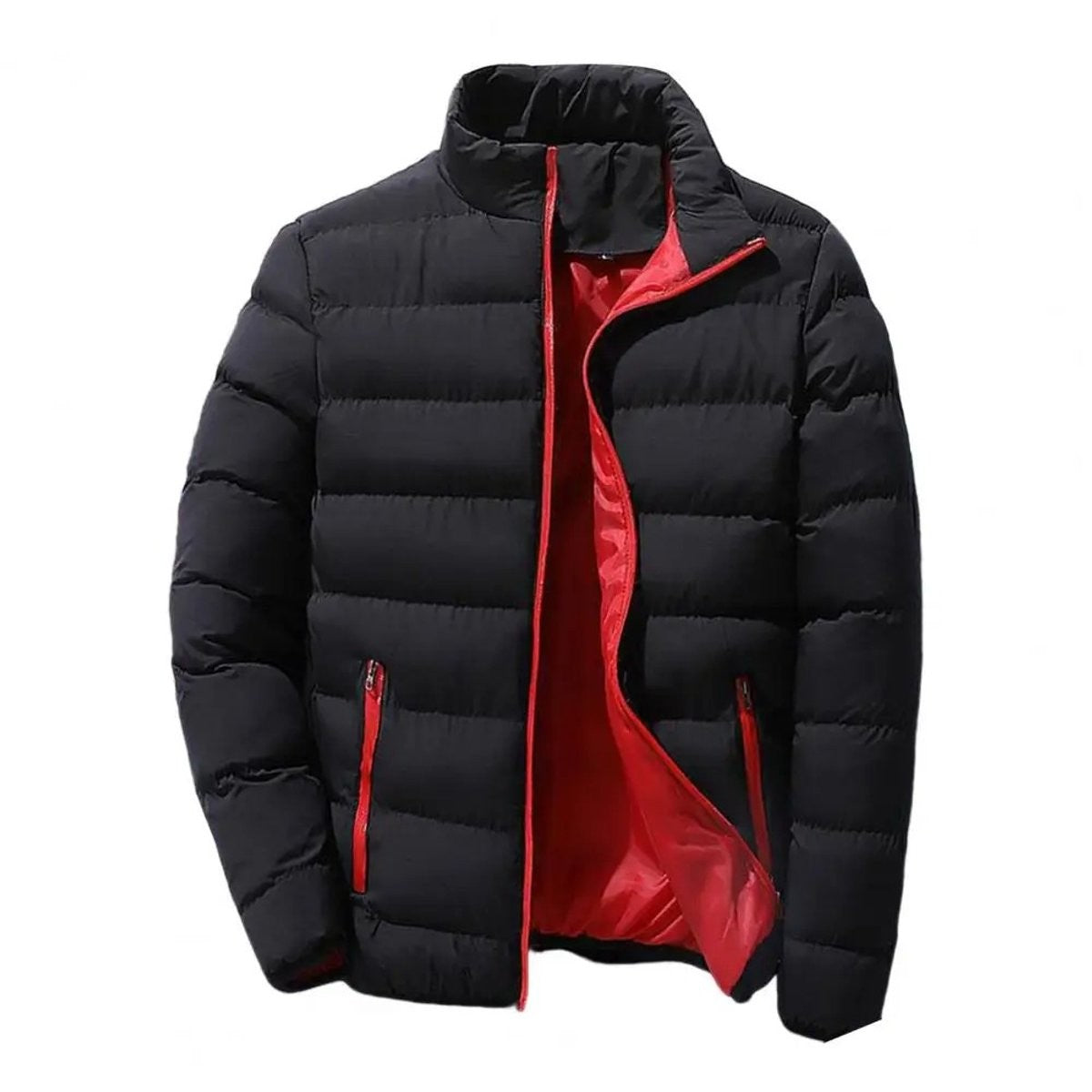Black quilted puffer jacket with red zip lining detail