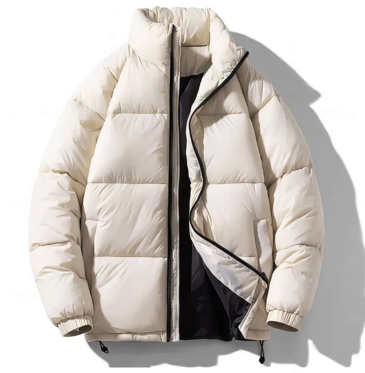 Cream quilted puffer jacket featuring stand collar and contrast black zip