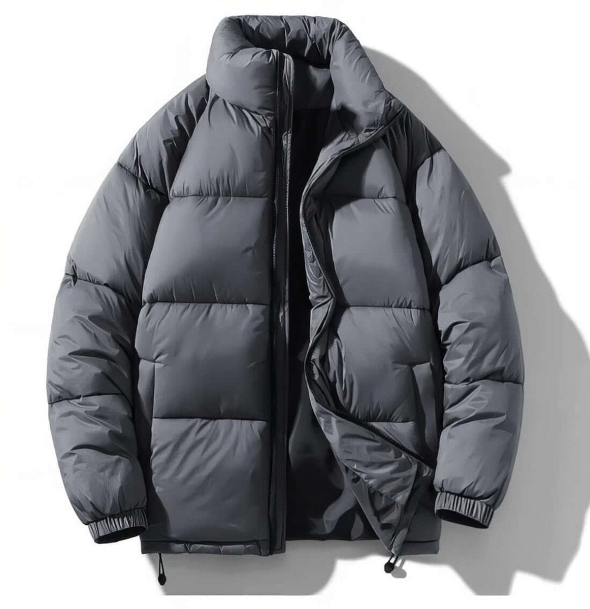 Charcoal grey puffer bomber coat with padded sleeves and high neck