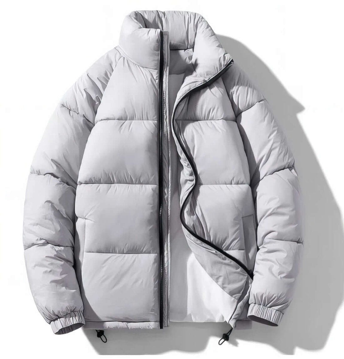 Light grey insulated puffer jacket with funnel collar and drawstring hem