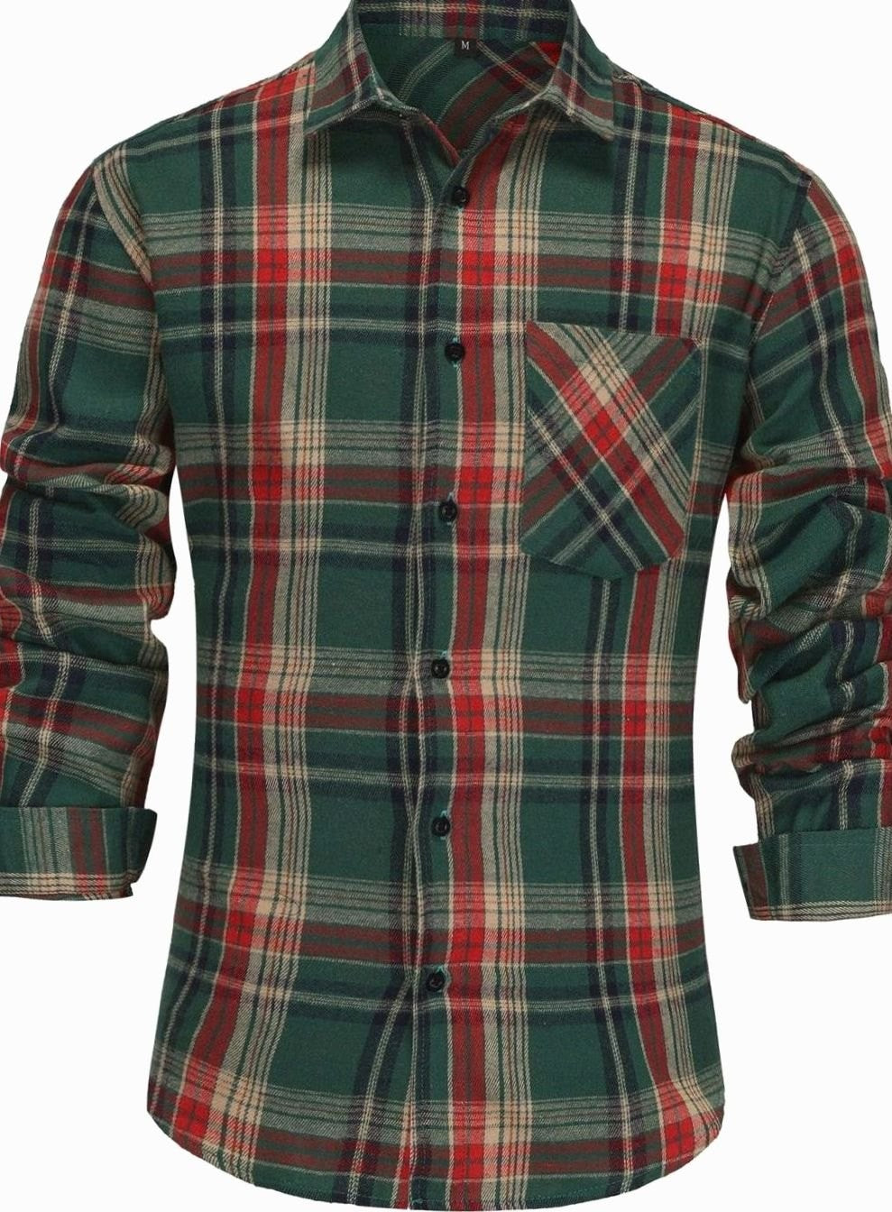 Green and red tartan flannel shirt with long sleeves and chest pocket