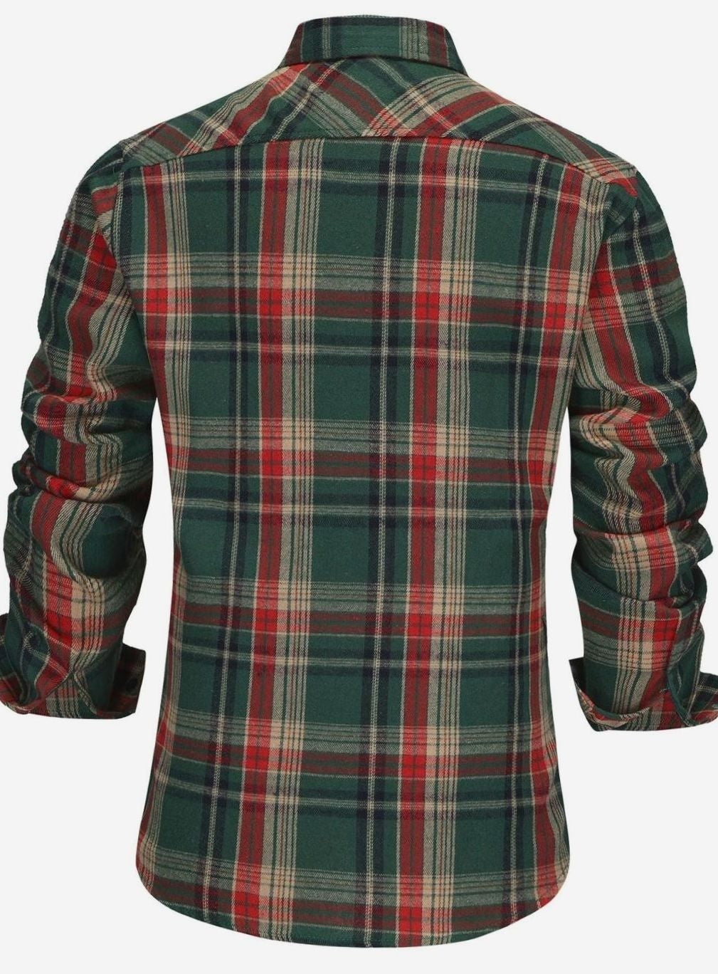 Back view of green tartan flannel button-up shirt with checked pattern