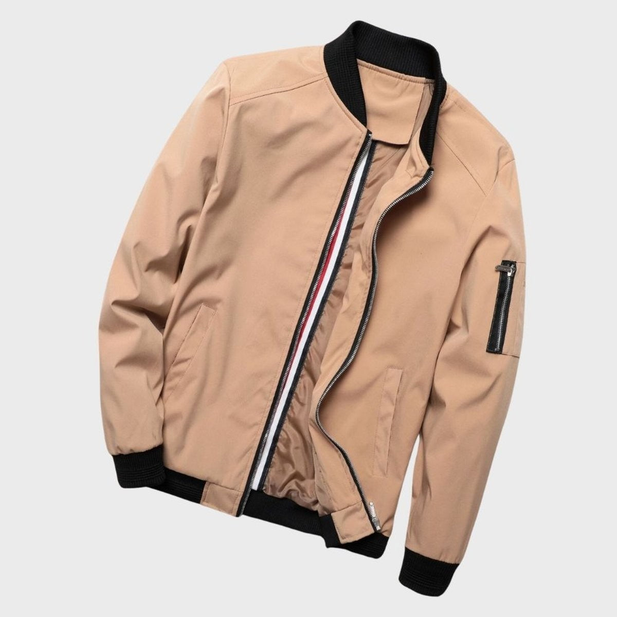 Beige zip-up bomber jacket flat lay showing striped inner placket detail