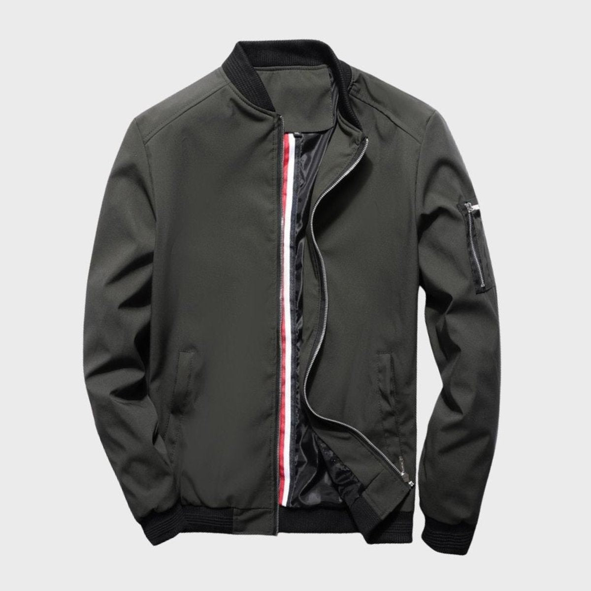 Olive green zip-up bomber jacket flat lay with striped inner trim