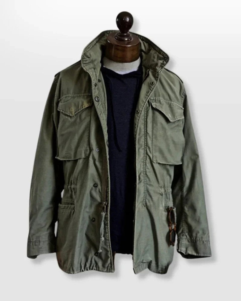 Olive field jacket displayed front-on with adjustable cinched waist