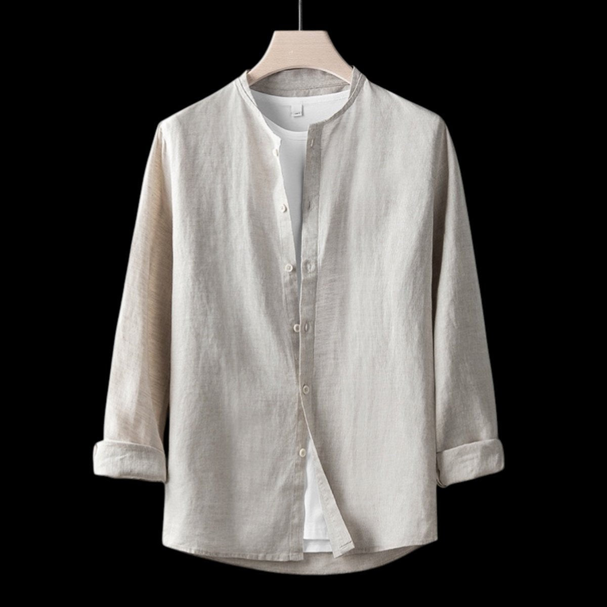 Oatmeal linen Henley shirt with grandad collar and button-front placket