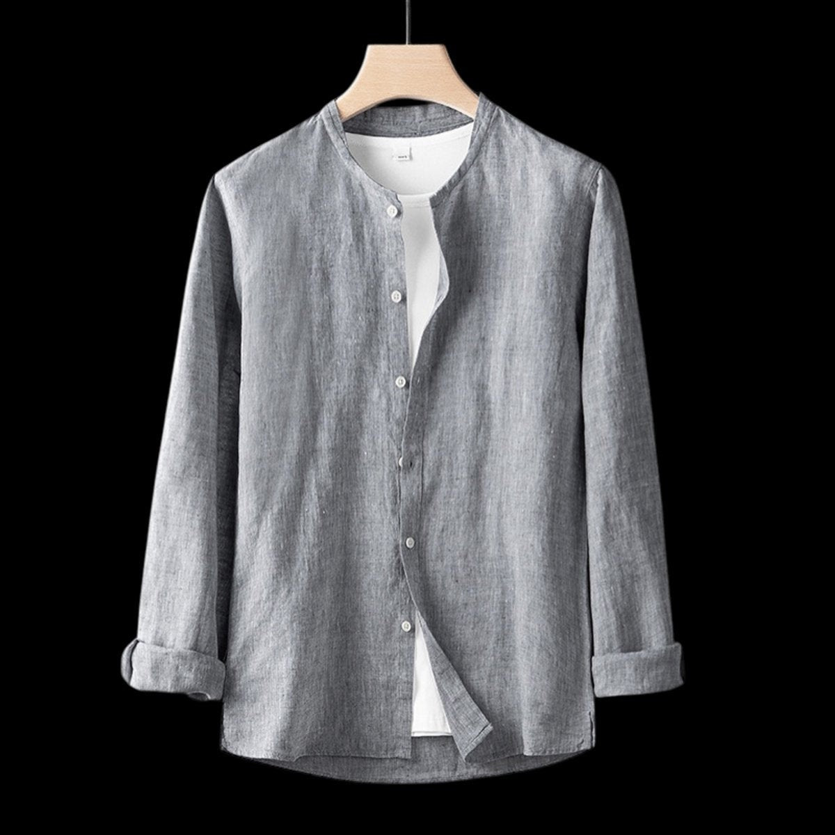 Grey marl linen Henley shirt with stand collar and button placket