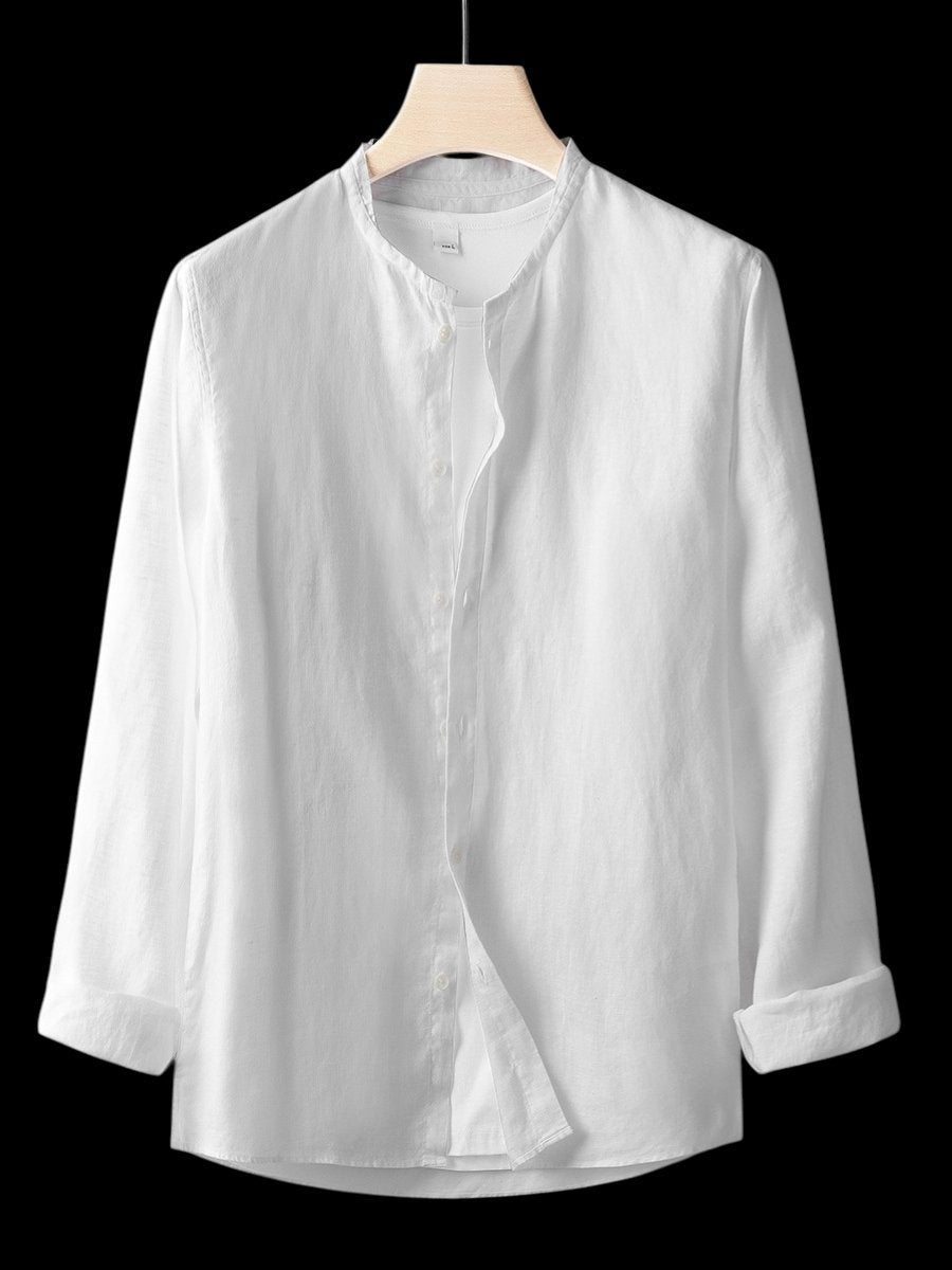 White linen Henley shirt with long sleeves and curved hem