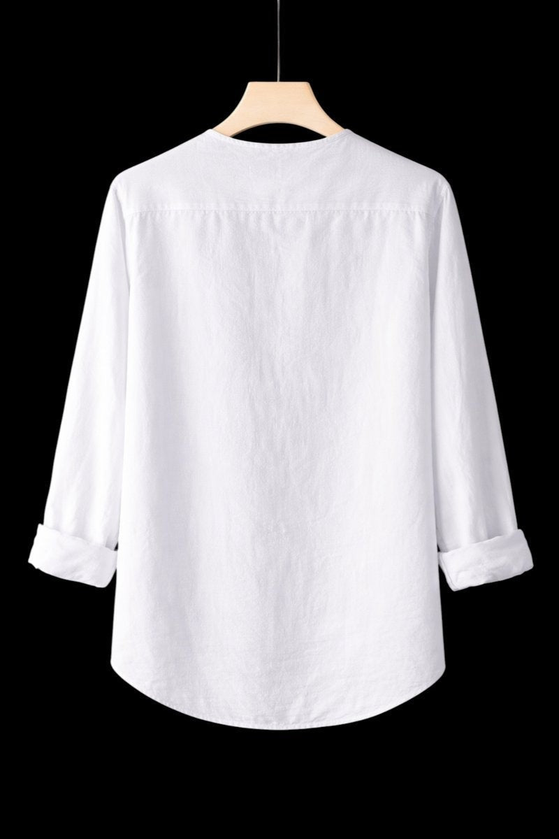 Rear view of white linen Henley shirt highlighting curved hemline