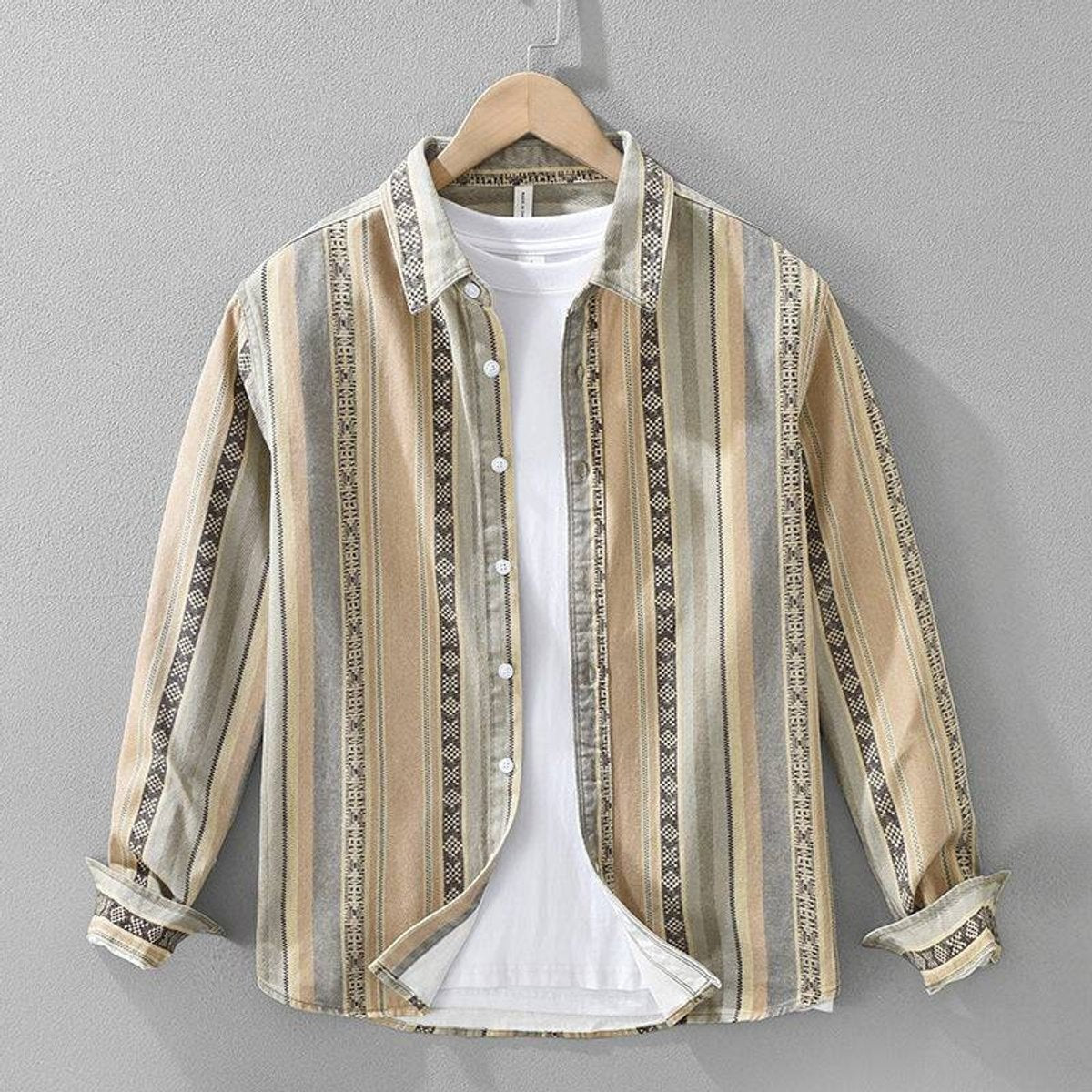 Beige striped cotton flannel shirt with Aztec-trim detailing, long sleeves, relaxed fit