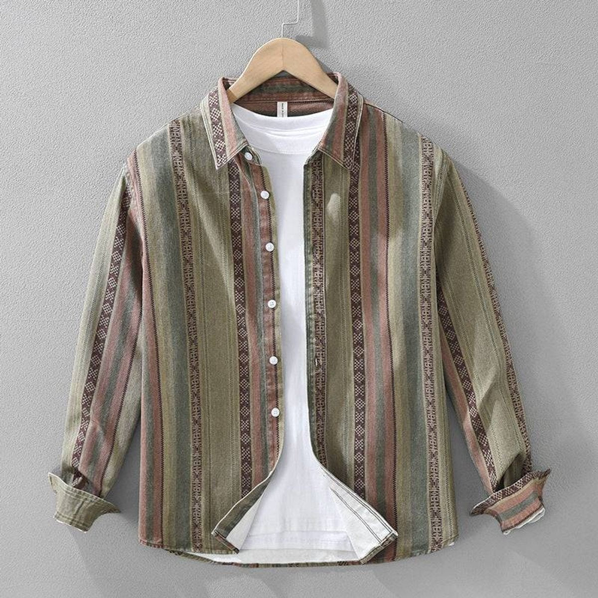 Khaki and rust striped flannel shirt with Aztec trim, relaxed long-sleeve style
