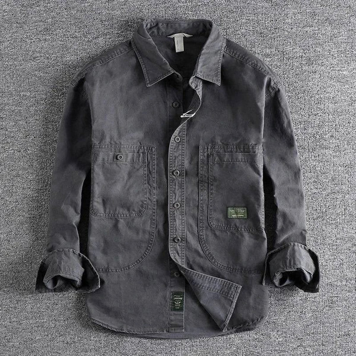 Charcoal grey cotton field shirt with patch pockets and turned-back cuffs