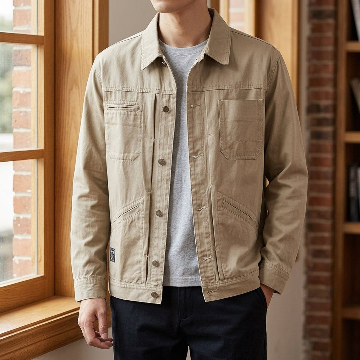 Beige cotton utility jacket with four-pocket workwear design and button-front fastening