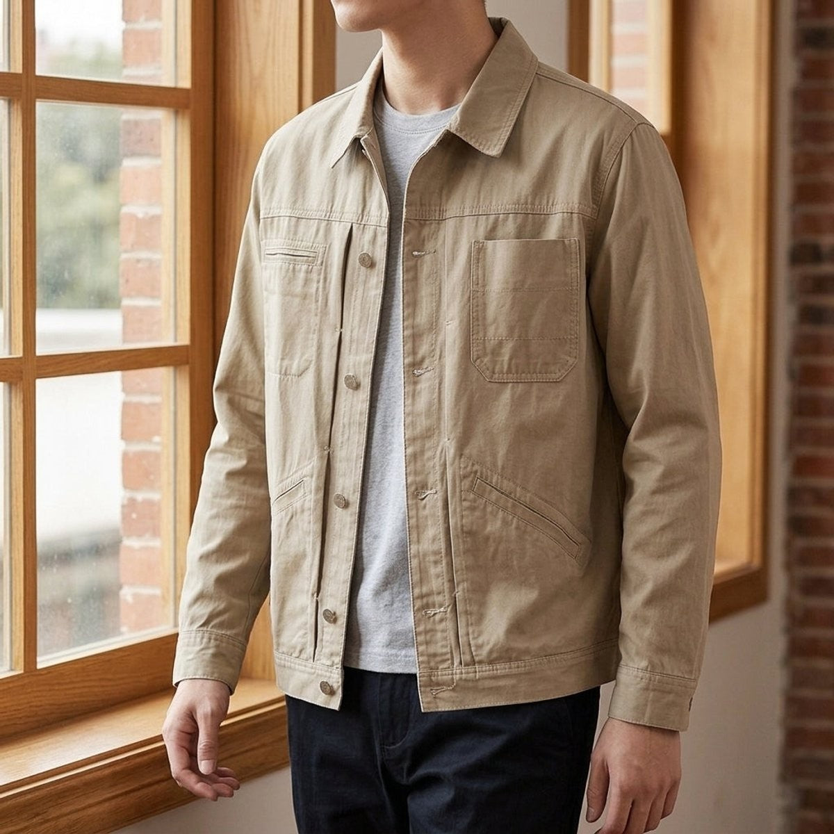 Sand-toned button-front jacket showing multiple chest and hip pockets