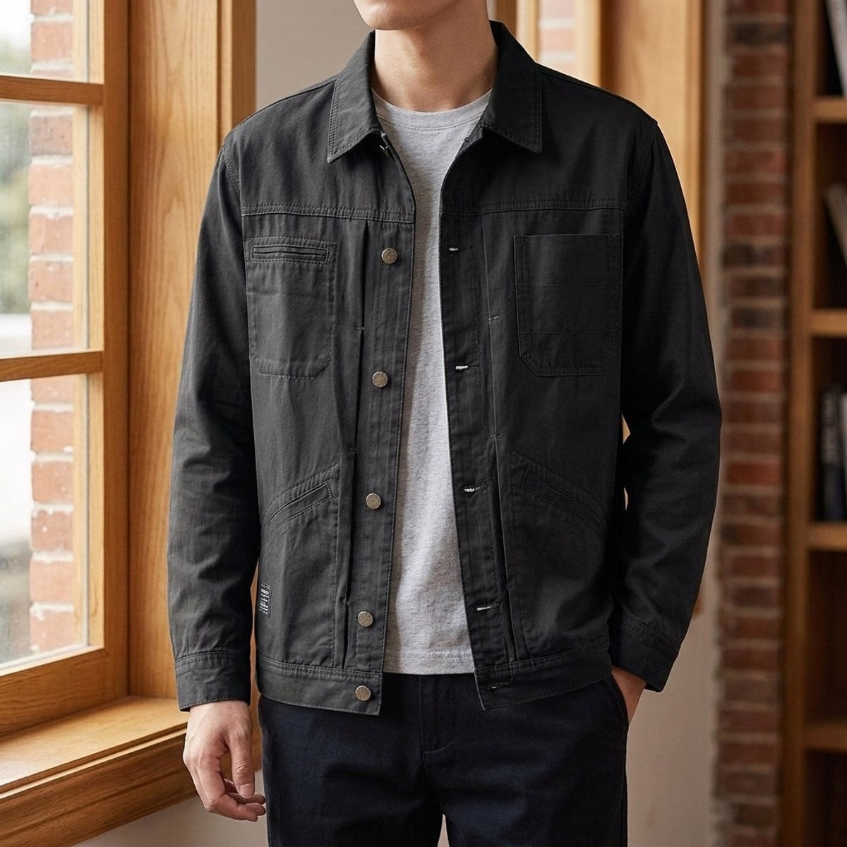 Black cotton workwear jacket with four-pocket design and press-stud buttons