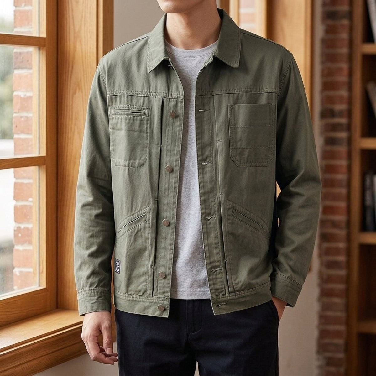 Olive green utility jacket featuring button-front closure and structured pockets