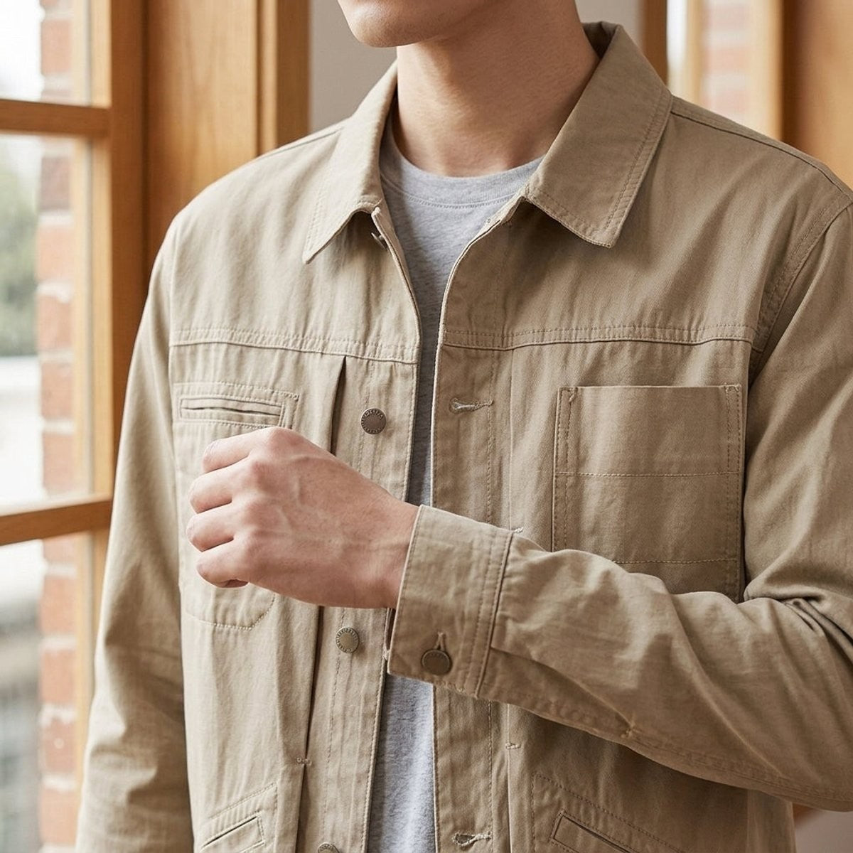 Close-up of beige workwear jacket highlighting stitched pocket and cuff detailing