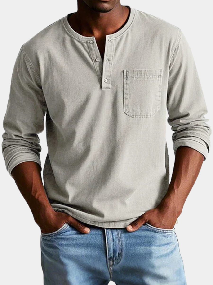 Men's stone grey long sleeve Henley shirt with button placket and chest pocket