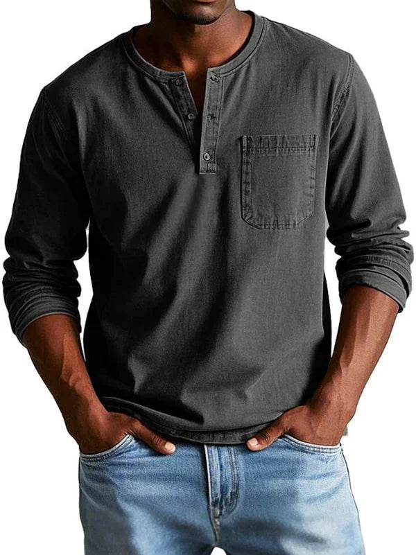 Charcoal long sleeve Henley shirt with buttoned neckline and front chest pocket