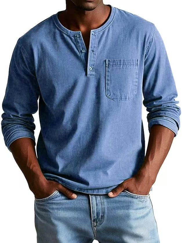Denim blue long sleeve Henley top with button placket and stitched pocket