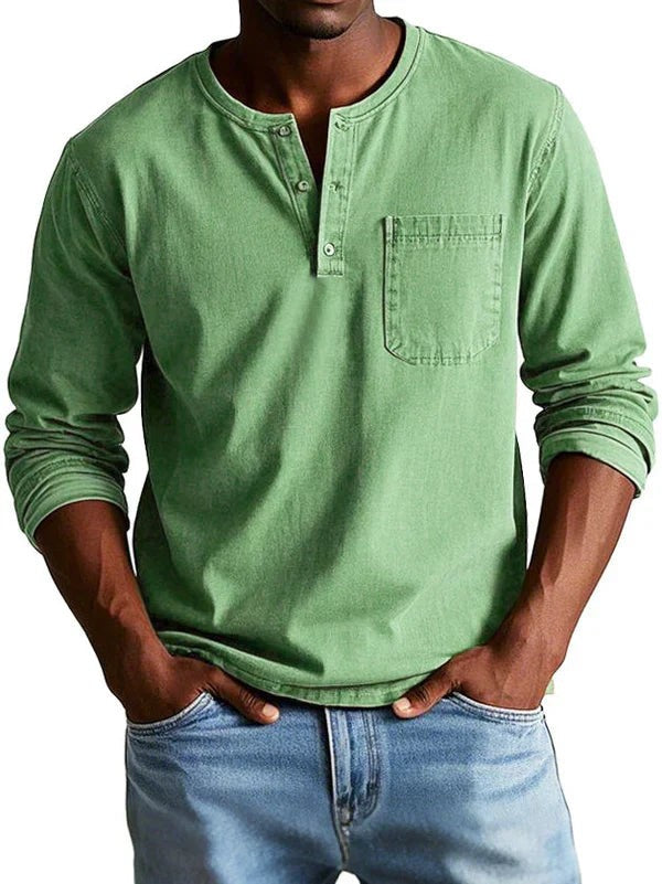 Sage green long sleeve Henley shirt with button-up collar and front pocket
