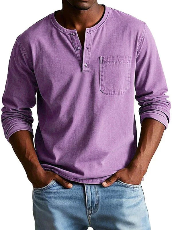Lilac long sleeve Henley shirt showing buttoned placket and chest pocket detail