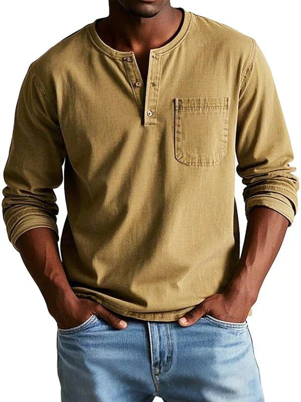 Khaki long sleeve Henley top with round neck and stitched pocket detail