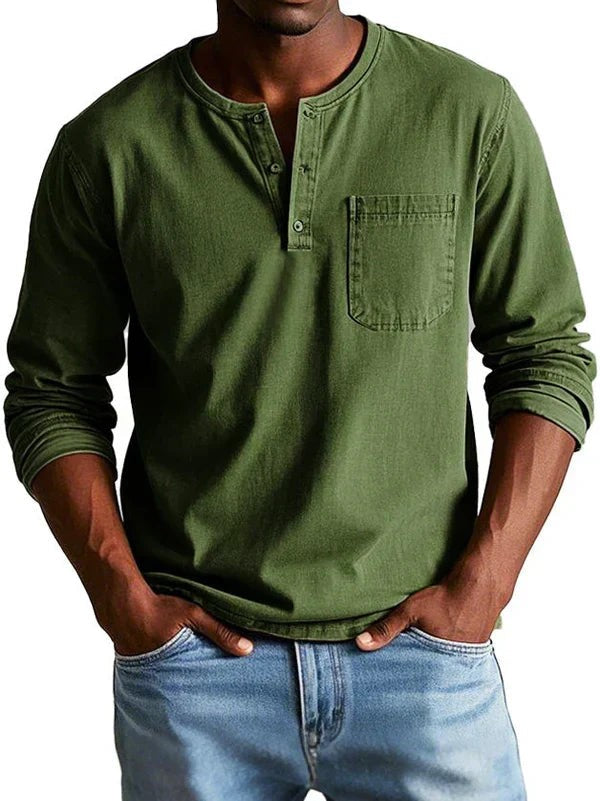 Olive green long sleeve Henley top with buttoned collar and front pocket
