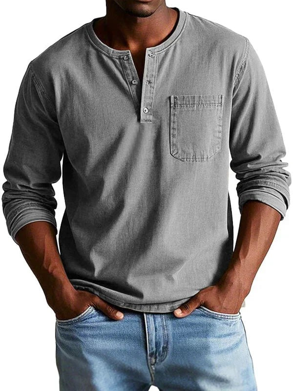 Grey long sleeve Henley top featuring button placket and patch pocket detail