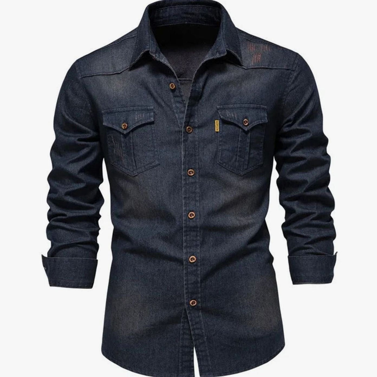 Men's dark denim shirt with twin flap chest pockets and long sleeves