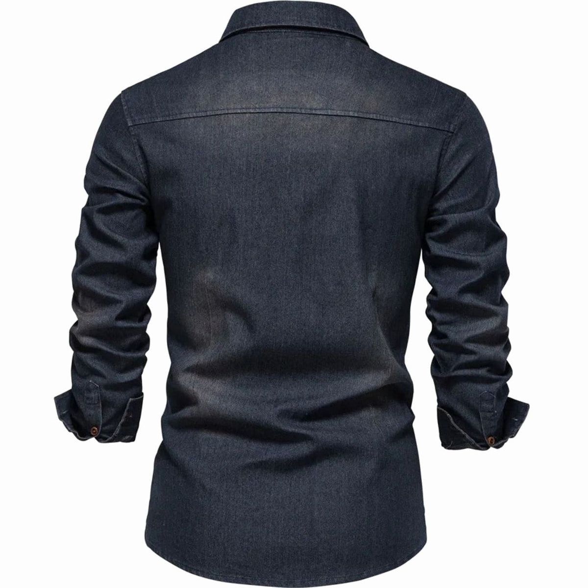 Rear view of dark denim button-up shirt showing yoke and sleeve cuffs