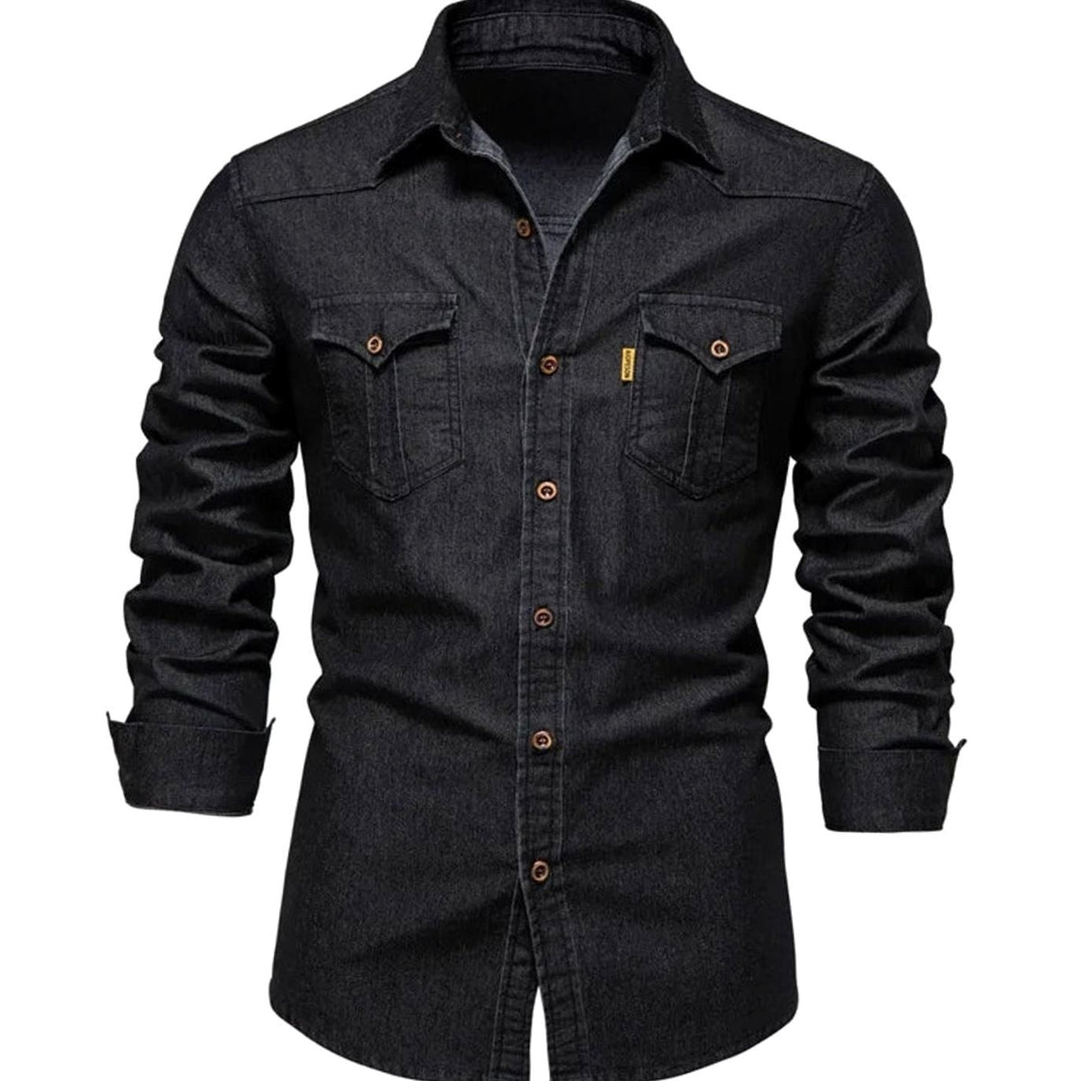 Black denim men's shirt with button-down collar and dual chest pockets